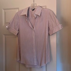 Theory Red Stripped Button Down Tailored Short Sleeve Blouse, Size M